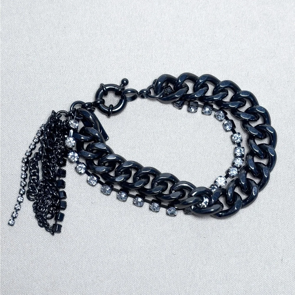 1937 Cubic Zirconia & Curb Chain Layered Black Bracelet